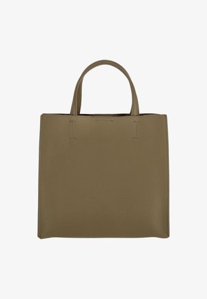 Borsa tote in pelle verde oliva con superficie testurizzata, forma rettangolare, due manici superiori e nessuna ferratura o accento visibile.