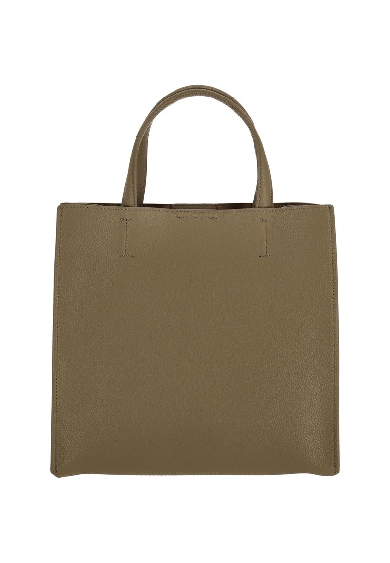 Olijfgroene leren boodschappentas met een getextureerd oppervlak, rechthoekige vorm, twee bovenhandvatten en geen zichtbare metalen onderdelen of accenten.