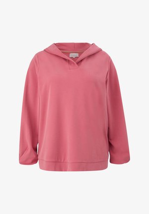 Felpa rosa con cappuccio, collo a V, maniche lunghe e vestibilità rilassata. Realizzata in tessuto morbido, presenta un design semplice e privo di decorazioni.