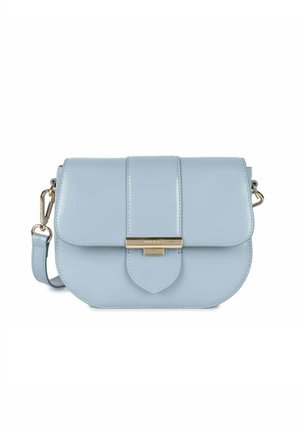 Light blue leather crossbody bag with a flap closure, gold hardware accents, and a rounded bottom. Features a detachable strap for versatility.