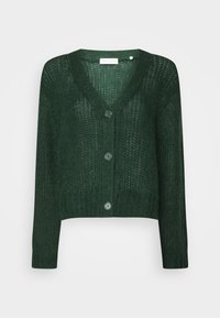 Grüne gestrickte Strickjacke mit V-Ausschnitt, dreiknöpfigem Verschluss und langen Ärmeln. Leichte Textur mit cropped Passform und subtilm Muster.