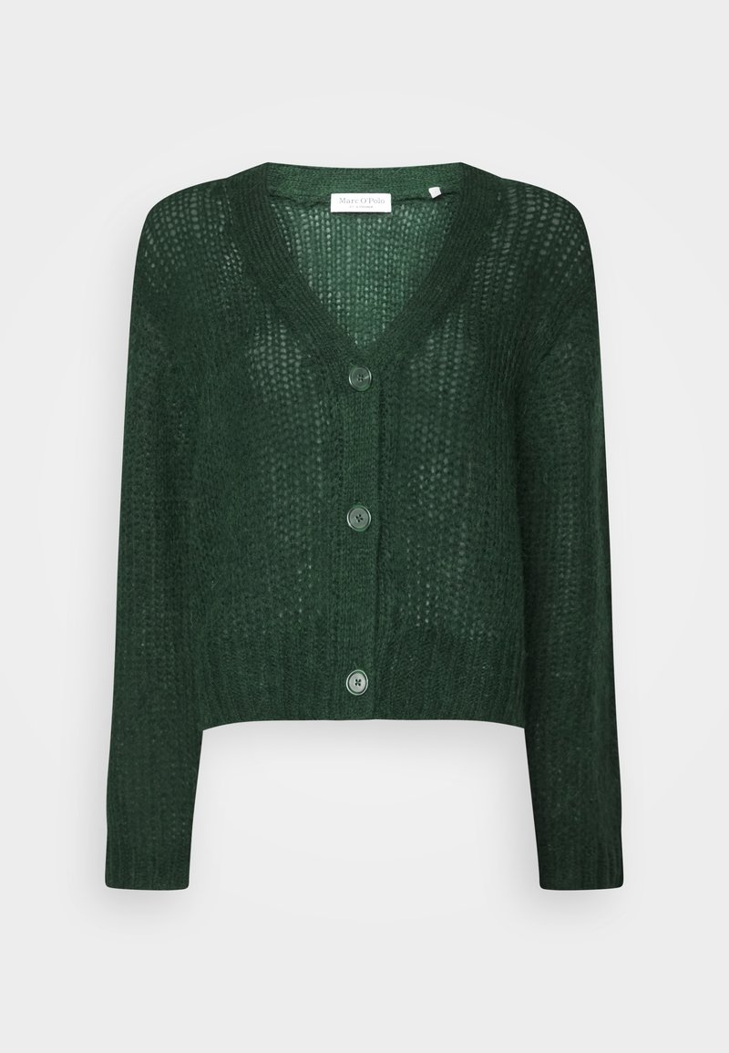 Grüne gestrickte Strickjacke mit V-Ausschnitt, dreiknöpfigem Verschluss und langen Ärmeln. Leichte Textur mit cropped Passform und subtilm Muster.