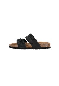 Schwarze Sandalen mit geflochtenen Riemen, zwei verstellbaren Schnallen und einem Korkfußbett. Verfügt über eine strukturierte Gummisohle für besseren Halt.