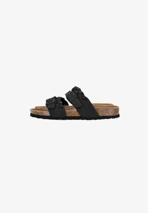 Schwarze Sandalen mit geflochtenen Riemen, zwei verstellbaren Schnallen und einem Korkfußbett. Verfügt über eine strukturierte Gummisohle für besseren Halt.