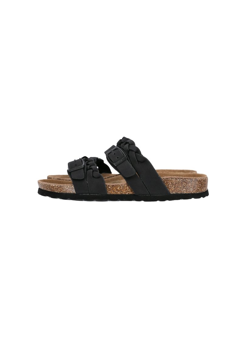 Schwarze Sandalen mit geflochtenen Riemen, zwei verstellbaren Schnallen und einem Korkfußbett. Verfügt über eine strukturierte Gummisohle für besseren Halt.