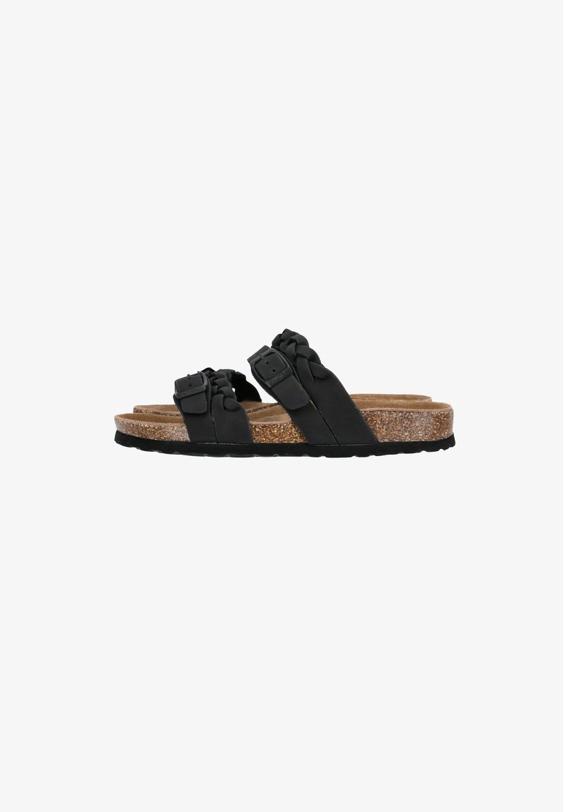 Black sandals with braided straps, two adjustable buckles, and a cork footbed. Features a textured rubber sole for grip.