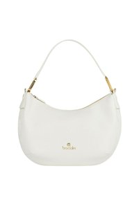 Borsa a tracolla in pelle bianca con forma curva, dettagli dorati e logo. Texture liscia con una sola tracolla.
