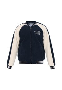 Marineblå og creme-fleecejakke med lynlås foran, ribbede manchetter og kant. Har hvid broderet tekst på brystet og kontrastfarvede ærmer.