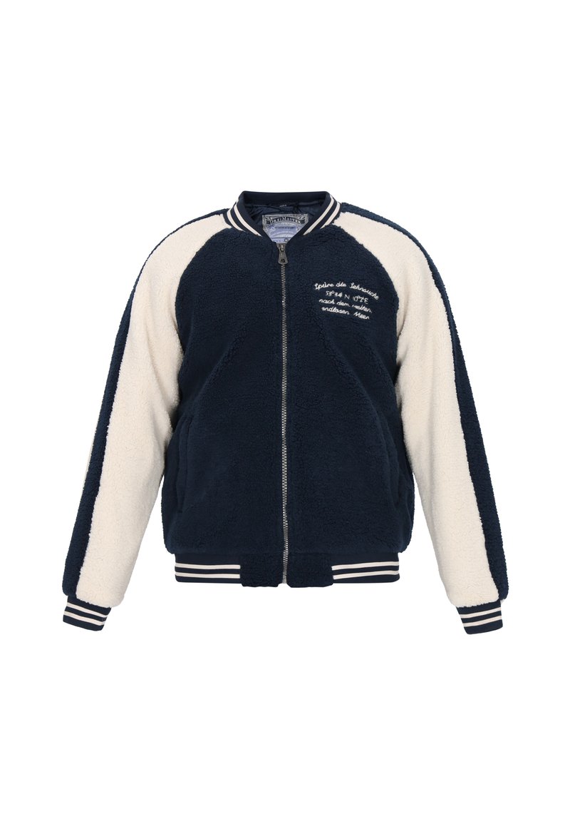 Marineblå og creme-fleecejakke med lynlås foran, ribbede manchetter og kant. Har hvid broderet tekst på brystet og kontrastfarvede ærmer.