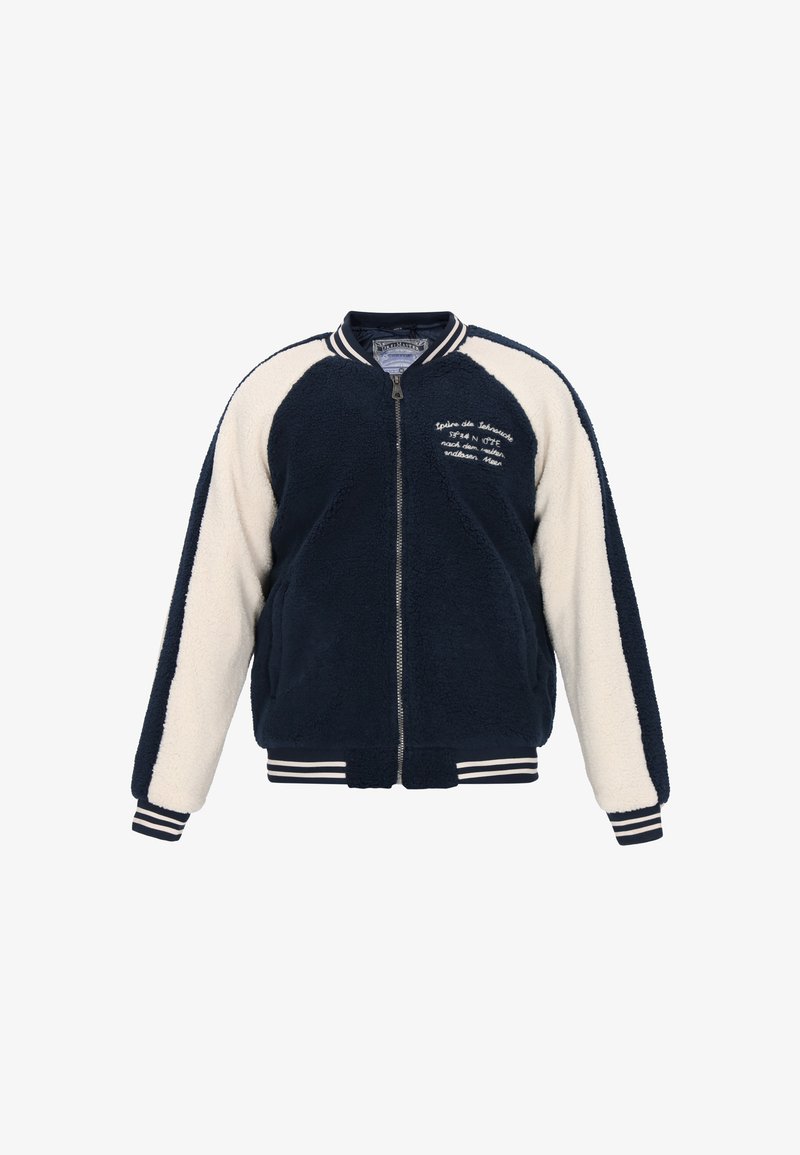 Marineblå og creme-fleecejakke med lynlås foran, ribbede manchetter og kant. Har hvid broderet tekst på brystet og kontrastfarvede ærmer.
