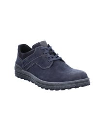 Navy blue lace-up shoe made of textured leather with a rubber sole, featuring contrasting stitching and a rounded toe for a modern design.