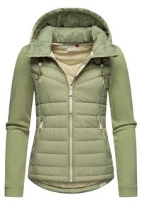 Groene jas met een gewatteerde voorkant, gladde mouwen, ritszakken en een capuchon. Heeft trekkoorden en een voering in een lichtere tint.