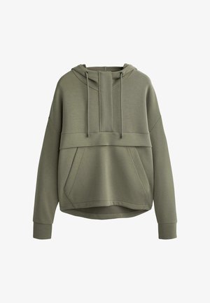 Olivengrüner Hoodie mit strukturiertem Vorderteil, verstellbaren Kordeln und einer Kängurutasche. Besitzt einen cropped Schnitt und gerippte Bündchen.