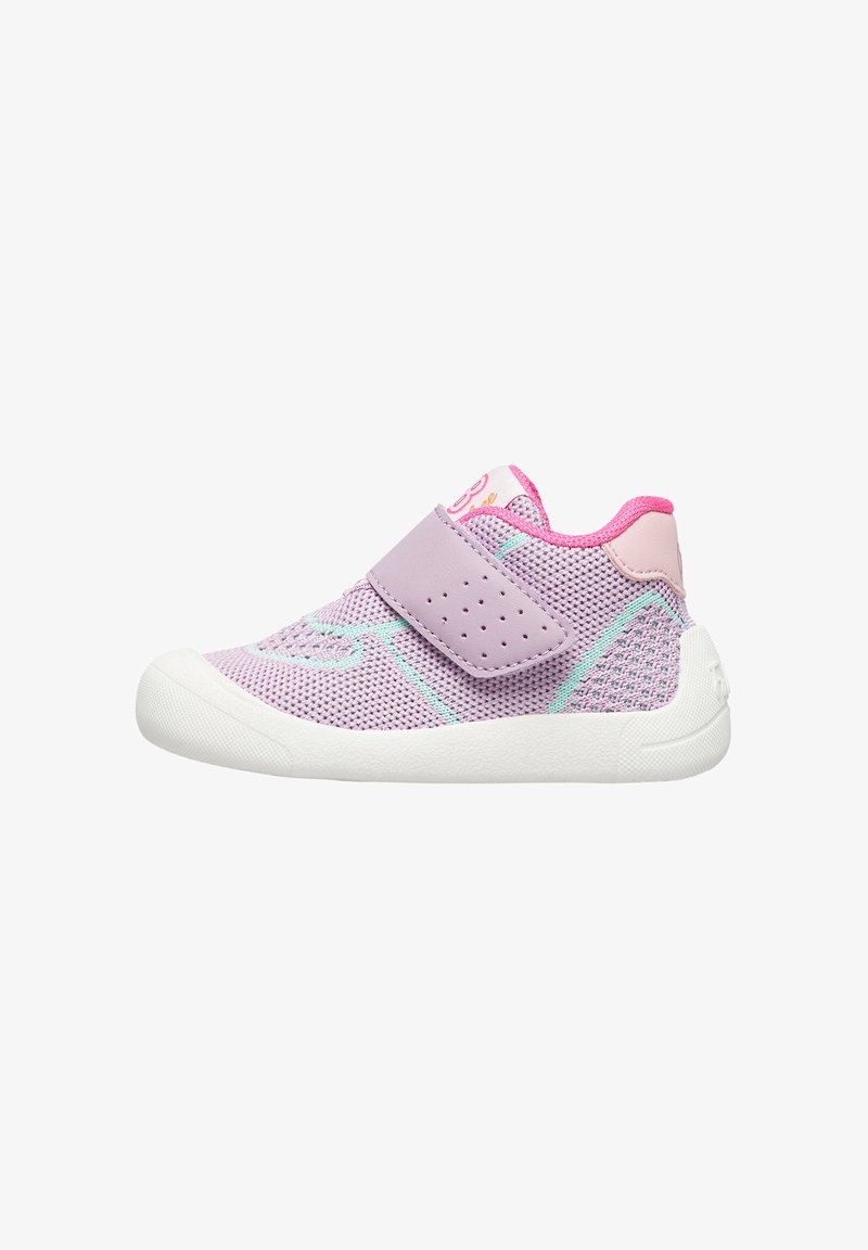 Purple mesh shoes with a pink accent, featuring a wide velcro strap, perforations for breathability, and a white rubber sole.