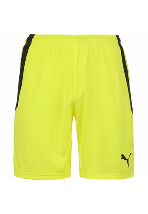 Neon-gelbe Sportshorts mit schwarzen seitlichen Akzenten und elastischem Bund, mit einem schwarzen Logo am unteren linken Bein.