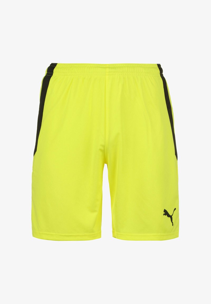 Shorts de sport jaune fluo avec des accents noirs sur les côtés et une taille élastique, arborant un logo noir sur le bas de la jambe gauche.