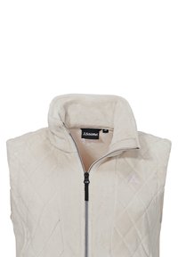 Quiltad krämfärgad väst med hög krage, främre dragkedja och logotyp. Mjuk, plufsig tyg med diagonalt mönster, lämplig för layering.