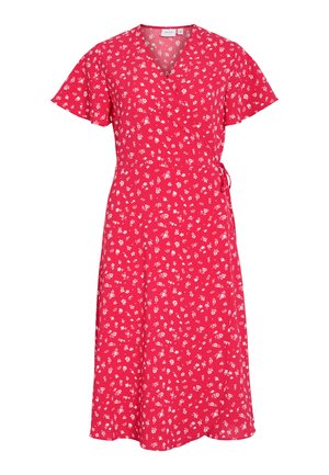 Rode wikkeljurk met korte vlindermouwen, witte bloemenprint en zijstrik in de taille, knielengte met V-hals.