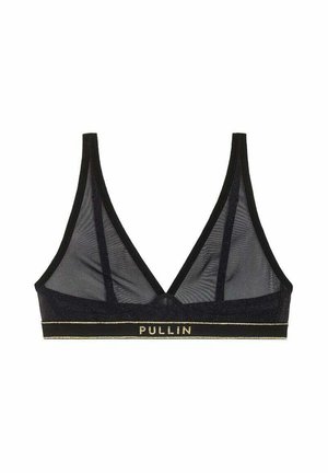 Soutien-gorge brassière en mesh noir transparent avec fines bretelles et bande élastique avec texte doré "PULLIN" et bordure dorée en bas.