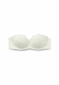 Vit axelbandslös bh med blommönstrad spetsdetalj, slätt material, böjda kupor, underwirestöd och en delikat spetskant längs kanterna.