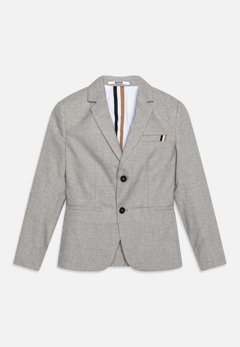 Blazer grigio a scacchi realizzato in tessuto testurizzato, con bottoni neri, una tasca sul petto con accenti colorati e una fodera interna a righe.