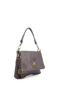 Brown leather handbag with a flap closure, adjustable strap, and gold hardware. Smooth texture with minimal detailing.