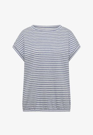 T-shirt à manches courtes à rayures horizontales bleues et blanches, avec un col rond et des revers roulés, sur un fond uni.