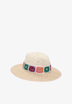 Cream-colored woven straw hat with wide brim and colorful crocheted band featuring square floral patterns in green, purple, orange, and red.