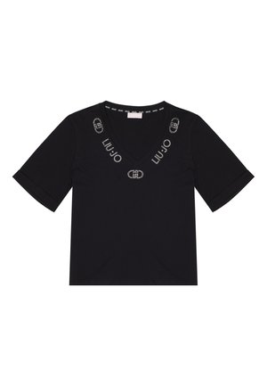 T-shirt en coton noir avec un col en V, des manches courtes et une inscription LUJO en argent autour de l'encolure. Texture lisse sans motifs supplémentaires.