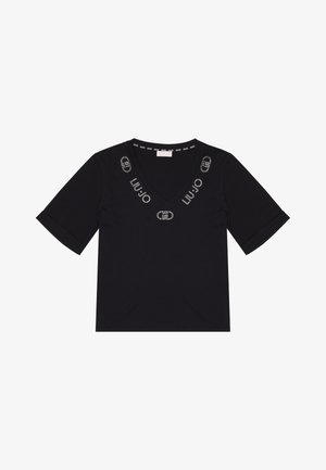 T-shirt en coton noir avec un col en V, des manches courtes et une inscription LUJO en argent autour de l'encolure. Texture lisse sans motifs supplémentaires.