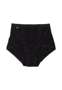 Biancheria intima nera a vita alta realizzata in tessuto morbido, con dettagli in pizzo nero intrecciato sui lati e una cintura ondulata.