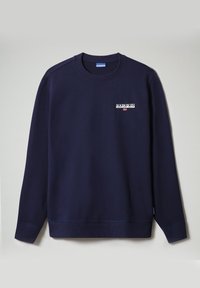 Granatowy sweatshirt z okrągłym dekoltem, długimi rękawami, ściągaczami przy mankietach oraz małym logo na lewej stronie klatki piersiowej. Gładka faktura.