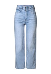 Světle modré džíny z denimu s vysokým pasem, širokými nohavicemi, dvěma knoflíky v pase a jemnými švy na přední straně.