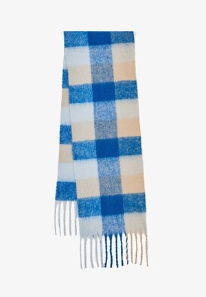 Écharpe douce en tissu tissé avec un grand motif à carreaux bleu, beige et blanc, avec des extrémités à franges.