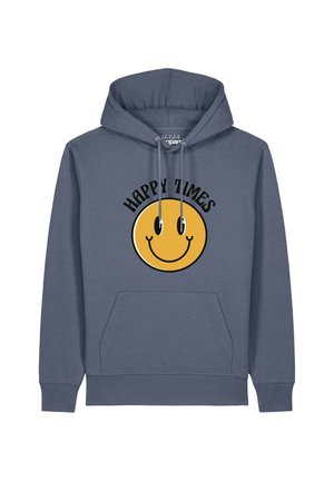 Blauer Hoodie mit Fronttasche, mit einem großen gelben Smiley-Gesicht und den Worten "HAPPY TIMES" darüber.