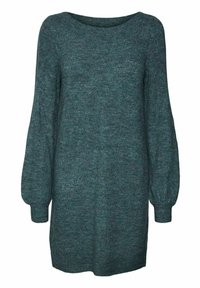 Robe pull tricotée couleur bleu sarcelle avec un large décolleté, des manches longues bouffantes et une finition texturée, tombant au-dessus du genou avec une coupe décontractée.