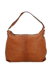 Borsa a tracolla in pelle marrone con texture liscia, forma arrotondata e chiusura superiore con zip. Presenta una singola tracolla regolabile e cuciture minime.