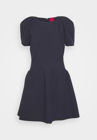 Navy Kleid mit Puffärmeln, tailliertem Oberteil und ausgestellt Rock. Aus glattem Stoff gefertigt, mit versteckten Seitentaschen und einem Reißverschluss im Rücken.
