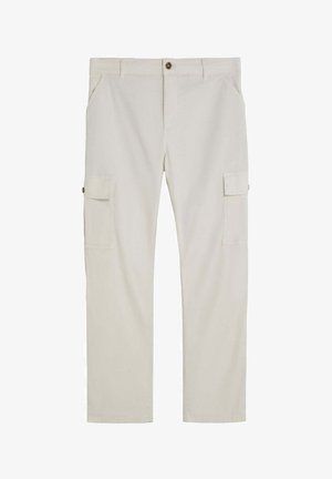 Pantalones cargo beige de pierna recta con bolsillos laterales con solapa, bolsillos frontales laterales, trabillas para cinturón y cierre de botón en la cintura.