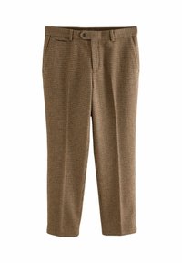 Brown checkered trousers made of textured fabric. Features a waistband with a button closure and side pockets. Straight-leg design.