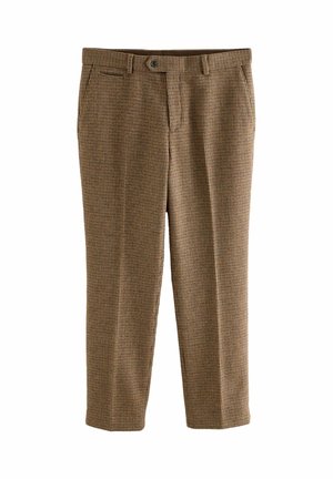 Brown checkered trousers made of textured fabric. Features a waistband with a button closure and side pockets. Straight-leg design.