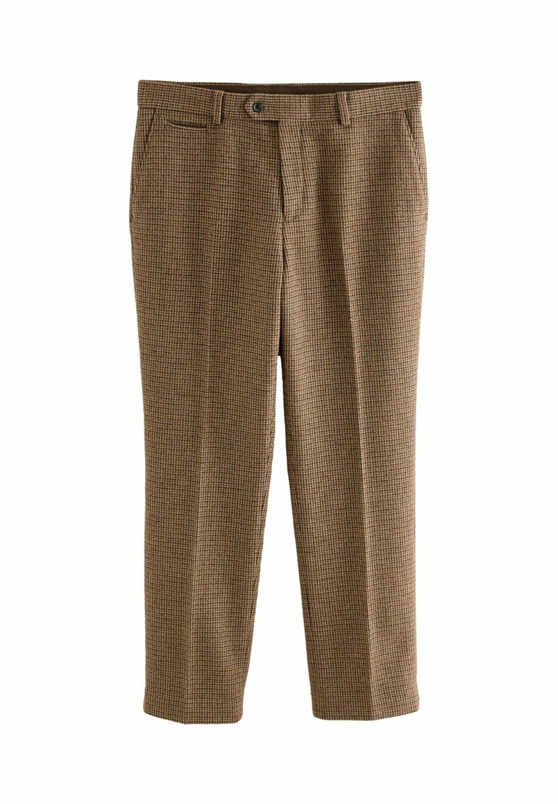 Brown checkered trousers made of textured fabric. Features a waistband with a button closure and side pockets. Straight-leg design.