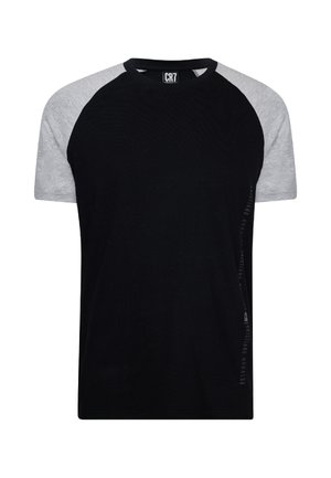 Black T-shirt with light gray raglan sleeves, crew neck, and subtle vertical text on the right side reading Cristiano Ronaldo.