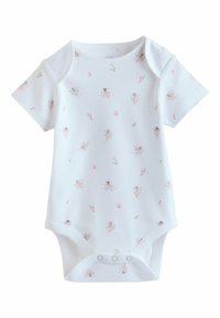 Lühikeste varrukatega valge bodi lille- ja haldjamustriga, valmistatud pehmest puuvillast. Alumine osa kinnitatav trukkidega ning kaelus soonikkoes.