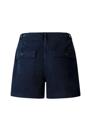 Marineblaue Shorts mit hoher Taille, mit Knopfklappen an den Gesäßtaschen und verstellbaren seitlichen Riemen am Bund.
