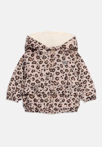 Toddler's beige puffer jacket with black leopard and heart print, ruffled waist, hood, fleece lining, and front zip with heart-shaped pull.