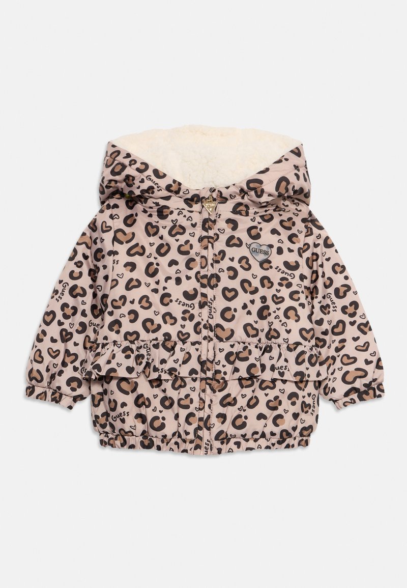 Toddler's beige puffer jacket with black leopard and heart print, ruffled waist, hood, fleece lining, and front zip with heart-shaped pull.