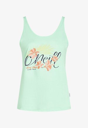 Mintgrøn top i bomuld med et blomsterdesign i orange og mørkeblå, hvor mærkenavnet "O'Neill" er trykt fremtrædende.