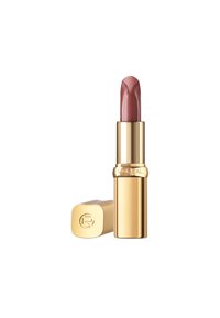 Rossetto in un tubo dorato, con un bullet liscio e arrotondato in una tonalità di rosa sobrio. Il tubo presenta un marchio in rilievo sul tappo.