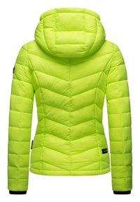 Lime green puffer jacket with a hood, featuring a chevron quilted pattern, long sleeves, and contrasting black accents at the cuffs and hem.